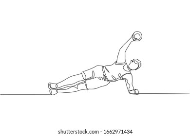 One single line drawing of young energetic man working out doing side plank with dumbbell in gym vector illustration. Fitness sport and healthy lifestyle concept. Modern continuous line draw design