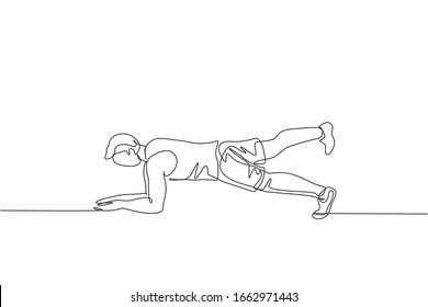 One single line drawing of young energetic man working out doing elbow plank in gym center vector illustration. Fitness sport bodybuilding healthy lifestyle concept. Modern continuous line draw design