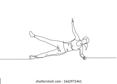 One single line drawing of young energetic woman working out doing side plank in gym vector illustration. Fitness sport bodybuilding and healthy lifestyle concept. Modern continuous line draw design