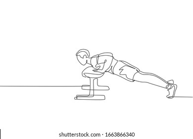 One single line drawing of young energetic man exercise push up with bench in gym fitness center graphic vector illustration. Healthy lifestyle sport concept. Modern continuous line draw design