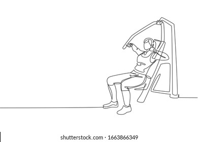 One single line drawing of young energetic woman exercise with hammer strength machine in gym fitness center vector illustration. Healthy lifestyle sport concept. Modern continuous line draw design