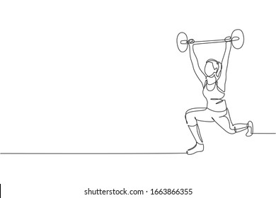 One single line drawing of young energetic woman exercise lifting barbell in gym fitness center graphic vector illustration. Healthy lifestyle sport concept. Modern continuous line draw design