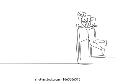 One single line drawing of young energetic woman exercise with parallel bar in gym fitness center graphic vector illustration. Healthy lifestyle sport concept. Modern continuous line draw design