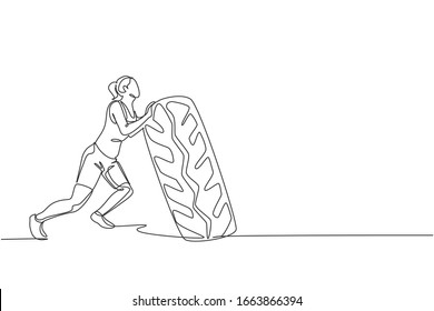 One single line drawing of young energetic woman exercise lift and push big heavy tire in gym fitness center vector illustration. Healthy lifestyle sport concept. Modern continuous line draw design