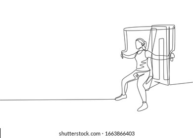 One single line drawing of young energetic woman exercise with hammer strength machine in gym fitness center vector illustration. Healthy lifestyle sport concept. Modern continuous line draw design