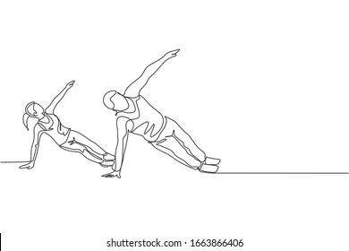 One single line drawing of young energetic man and woman exercise side plank together in gym fitness center vector illustration. Healthy lifestyle sport concept. Modern continuous line draw design