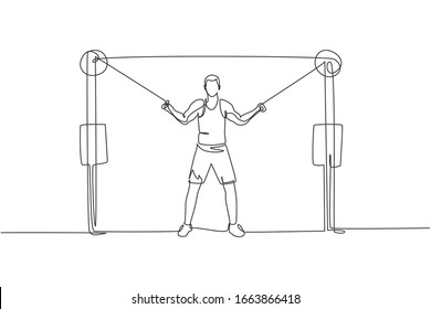 One single line drawing of young energetic man exercise with cross over cable in gym fitness center vector illustration graphic. Healthy lifestyle sport concept. Modern continuous line draw design