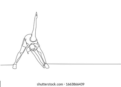 One single line drawing of young energetic woman exercise side lunge windmill in gym fitness center graphic vector illustration. Healthy lifestyle sport concept. Modern continuous line draw design