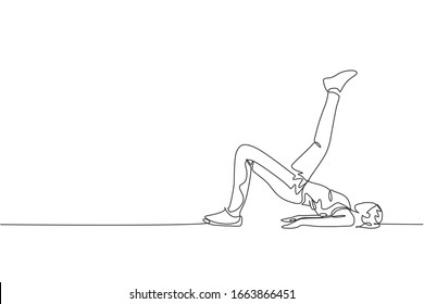 One single line drawing of young energetic woman exercise lying and raise her leg up high in gym fitness center vector illustration. Healthy lifestyle sport concept. Modern continuous line draw design