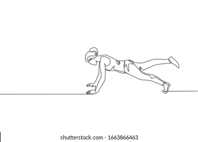 One single line drawing of young energetic woman exercise pilates push up in gym fitness center vector graphic illustration. Healthy lifestyle sport concept. Modern continuous line draw design