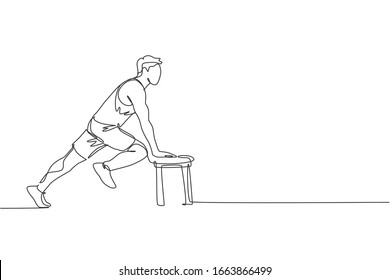 One single line drawing of young energetic man exercise stretching using bench in gym fitness center vector illustration graphic. Healthy lifestyle sport concept. Modern continuous line draw design