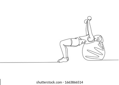One single line drawing of young energetic woman exercise with fitness ball and dumbbell in gym fitness center vector illustration. Healthy lifestyle sport concept. Modern continuous line draw design