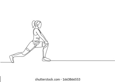 One single line drawing young energetic woman exercise stretching with lank pose in gym fitness center vector illustration. Healthy lifestyle sport concept. Modern continuous line draw design