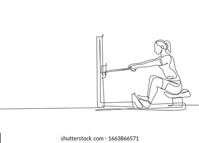 One single line drawing of young energetic woman exercise focus to pull adductor machine in gym fitness center vector illustration. Healthy lifestyle sport concept. Modern continuous line draw design