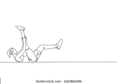 One single line drawing of young energetic woman exercise to raise leg and hold the calf in gym fitness center vector illustration. Healthy lifestyle sport concept. Modern continuous line draw design