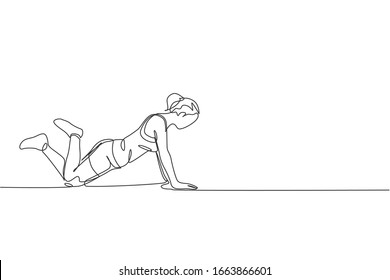 One single line drawing of young energetic woman exercise pilates push up pose in gym fitness center vector illustration graphic. Healthy lifestyle sport concept. Modern continuous line draw design