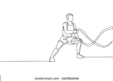 One single line drawing of young energetic man exercise on battle rope to train endurance in gym fitness center vector illustration. Healthy lifestyle sport concept. Modern continuous line draw design