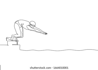 One Single Line Drawing Of Young Sporty Fit Swimmer Ready To Jump To Swimming Pool Indoor Pool Sport Center Vector Illustration. Healthy Lifestyle And Sport Concept. Modern Continuous Line Draw Design