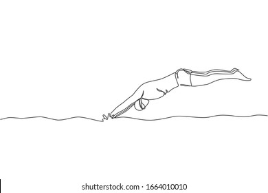 One Single Line Drawing Of Young Sporty Fit Swimmer Jump To Pool To Practice Swimming In Indoor Sport Center Vector Illustration. Healthy Lifestyle Sport Concept. Modern Continuous Line Draw Design