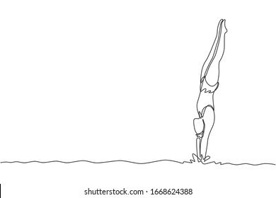 One single line drawing of young energetic woman diving into the swimming pool after beauty jumping somersault vector illustration. Healthy lifestyle sport concept. Modern continuous line draw design
