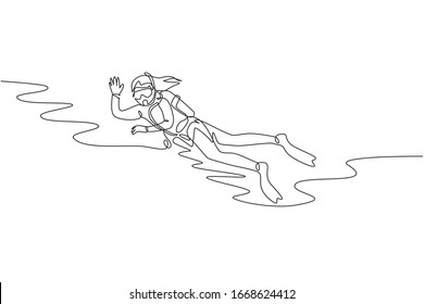 One single line drawing of young energetic woman waving her hand  while scuba diving to explore fish life on sea ocean vector illustration. Healthy sport concept. Modern continuous line draw design