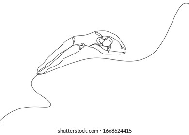 One single line drawing of young energetic woman train for diving and somersaulting from height vector illustration. Competition event. Healthy lifestyle sport concept. Continuous line draw design