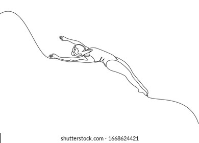 Dibujo de una sola línea de una joven mujer energética saltando y cayendo un somersault hacia la piscina para la ilustración de los vectores de buceo. Concepto deportivo de estilo de vida saludable. Diseño moderno de líneas continuas