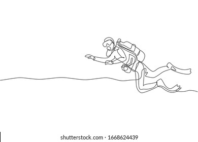 Un dibujo de una sola línea de hombre joven y enérgico buceando en el océano marino para ver la vida subacuática mundo de la ilustración vectorial. Concepto deportivo de estilo de vida saludable. Diseño moderno de líneas continuas