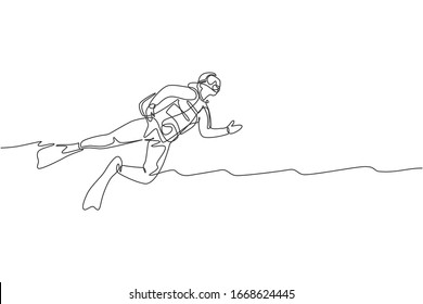 One single line drawing of young energetic man swimming on sea ocean to see fish, coral reef and underwater life vector illustration. Health lifestyle sport concept. Modern continuous line draw design