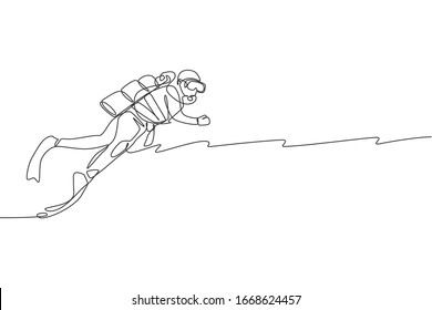 One single line drawing of young energetic man do scuba diving to explore coral reef and sea ocean life world vector illustration. Healthy lifestyle sport concept. Modern continuous line draw design