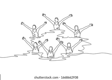 One single line drawing of young beauty women swimmer performing synchronized routine of elaborate moves in the water vector illustration. Team water sport event concept. Modern continuous line draw