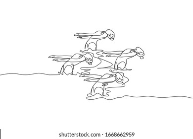 One single line drawing of young beauty women swimmer performing synchronized routine of elaborate moves in the water vector illustration. Team water sport event concept. Modern continuous line draw