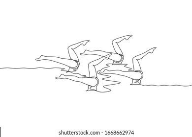 One single line drawing of young beauty women synchronized swimmer performing routine elaborate legs moves in the water vector illustration. Team water sport event concept. Modern continuous line draw