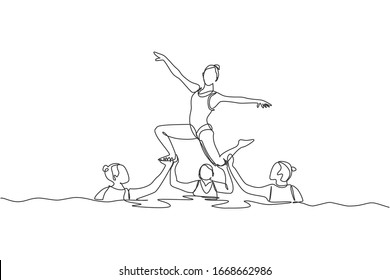 One single line drawing of young beauty women swimmer performing synchronized routine of elaborate moves in the water vector illustration. Team water sport event concept. Modern continuous line draw