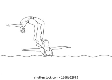 One single line drawing of young beauty women swimmer performing synchronized routine of elaborate moves in the water vector illustration. Team water sport event concept. Modern continuous line draw