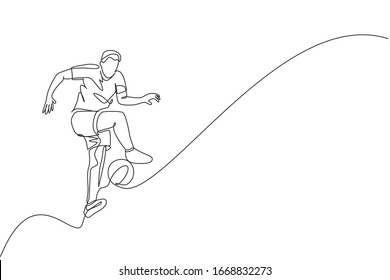 One single line drawing of young happy man perform soccer freestyle, jump juggling at the city square graphic vector illustration. Football freestyler sport concept. Modern continuous line draw design