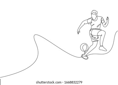 One single line drawing of young man perform soccer freestyle, jump juggling ball with heel at city square vector illustration. Football freestyler sport concept. Modern continuous line draw design