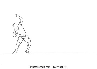 One single line drawing of young energetic man exercise the stance before throw shot put into field vector illustration. Healthy lifestyle athletic sport concept. Modern continuous line draw design