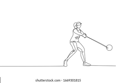 One Single Line Drawing Of Young Energetic Woman Exercise To Focus While Swinging Hammer Throw Vector Illustration Graphic. Healthy Lifestyle Athletic Sport Concept. Modern Continuous Line Draw Design