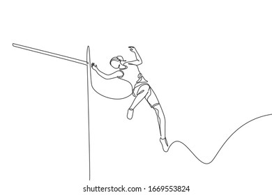 One single line drawing of young energetic woman exercise to pass the 
bar on high jump games vector illustration. Healthy athletic sport concept. Competition event. Modern continuous line draw design