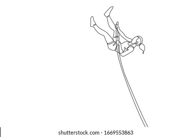 One single line drawing of young energetic woman exercise pole vault jump through the bar vector illustration. Healthy athletic sport concept. Competition event. Modern continuous line draw design