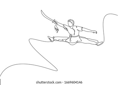 One single line drawing of young man on kimono exercise wushu and kung fu jumping technique with sword on gym center vector illustration. Fighting sport concept. Modern continuous line draw design