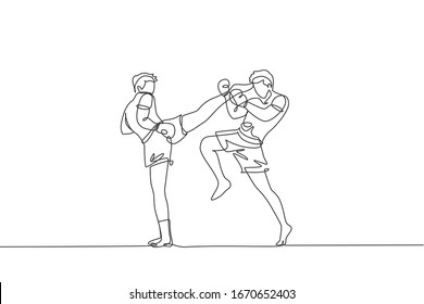 One single line drawing of young energetic muay thai fighter man exercising at gym fitness graphic center vector illustration. Combative thai boxing sport concept. Modern continuous line draw design