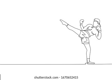 One single line drawing of young energetic muay thai fighter man exercising at gym fitness center vector illustration graphic. Combative thai boxing sport concept. Modern continuous line draw design