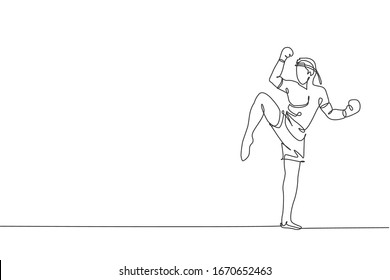 One single line drawing of young energetic muay thai fighter man pose before fighting at gym fitness center vector illustration. Combative thai boxing sport concept. Modern continuous line draw design