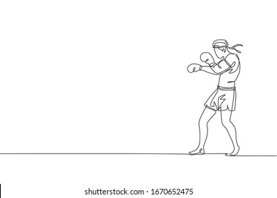 One single line drawing of young energetic muay thai fighter man exercising at gym fitness graphic center vector illustration. Combative thai boxing sport concept. Modern continuous line draw design