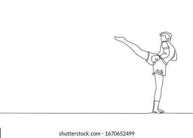 One single line drawing of young energetic muay thai fighter man exercising at gym fitness center vector illustration graphic. Combative thai boxing sport concept. Modern continuous line draw design