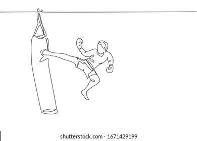 One single line drawing of young energetic man kickboxer practice jump kicking with punch bag in boxing arena vector illustration. Healthy lifestyle sport concept. Modern continuous line draw design