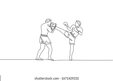 One single line drawing of young energetic man kickboxer practice with personal trainer in boxing arena graphic vector illustration. Healthy lifestyle sport concept. Modern continuous line draw design