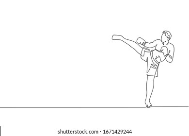 One single line drawing of young energetic man kickboxer practice side kick in boxing arena graphic vector illustration. Healthy lifestyle sport concept. Modern continuous line draw design